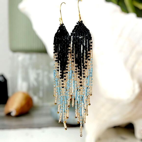 Beaded Fringe Dangle Earrings, Seed Bead, Boho Chic Statement Jewelry 4.5" - Picture 1 of 8